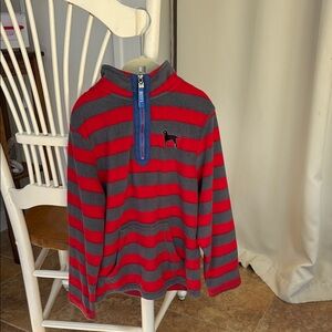 Red and Gray Striped Pullover with Dog Logo